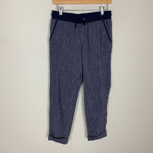 Athleta Striped Bali Linen Ankle Cropped Pants Womens 6 Blue - Picture 2 of 8